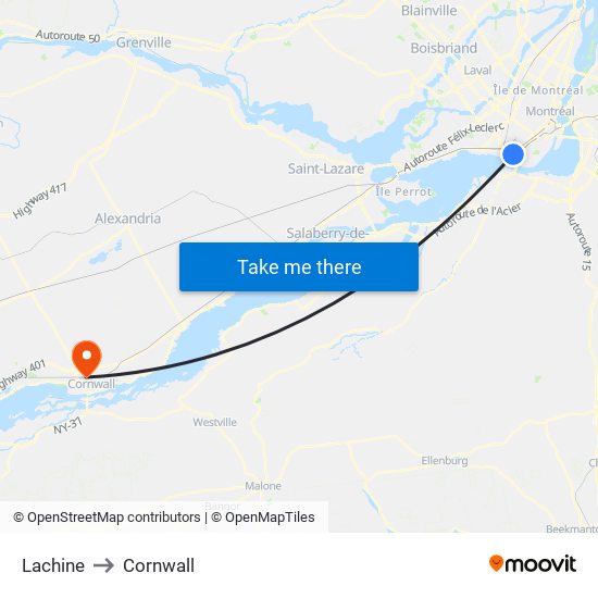 Lachine to Cornwall map