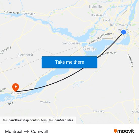 Montréal to Cornwall map