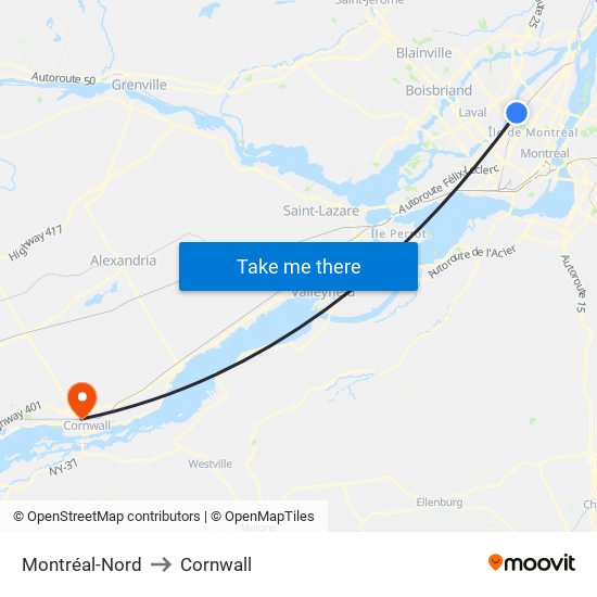 Montréal-Nord to Cornwall map