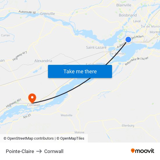 Pointe-Claire to Cornwall map