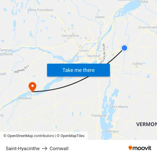 Saint-Hyacinthe to Cornwall map
