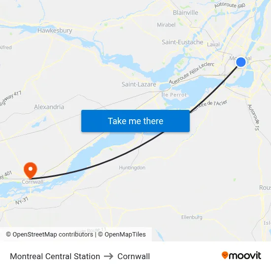 Montreal Central Station to Cornwall map