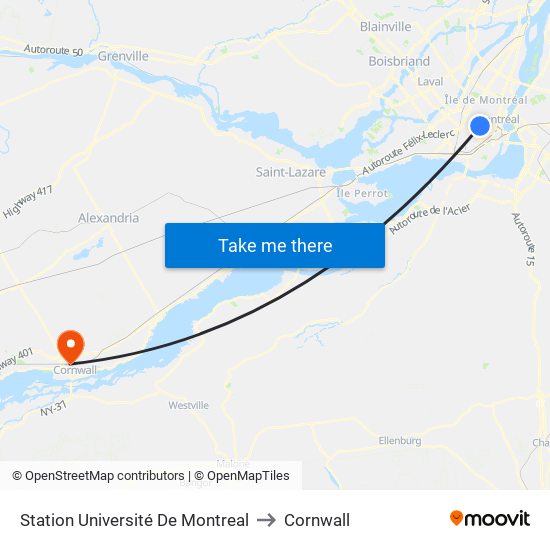 Station Université De Montreal to Cornwall map