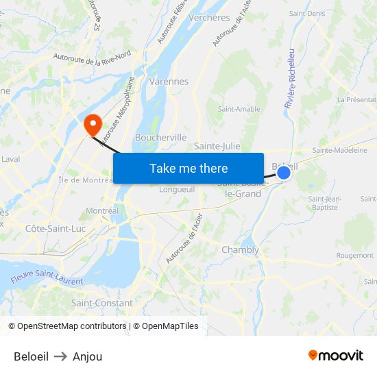 Beloeil to Anjou map