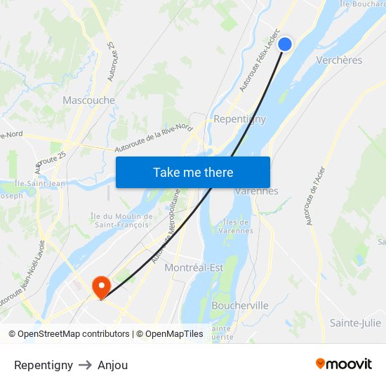 Repentigny to Anjou map