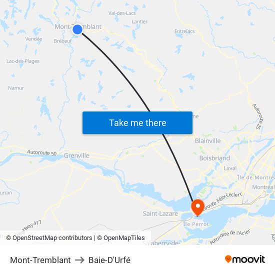 Mont-Tremblant to Baie-D'Urfé map