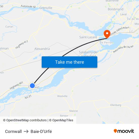 Cornwall to Baie-D'Urfé map