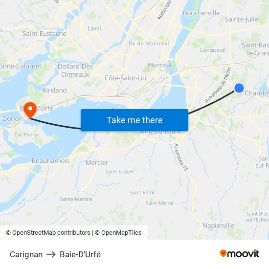 Carignan to Baie-D'Urfé map