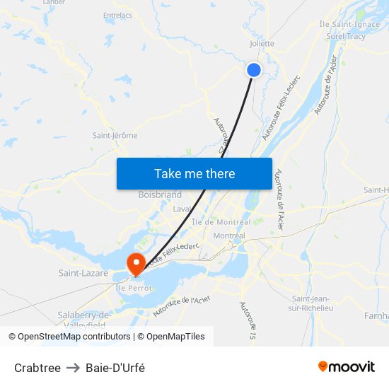 Crabtree to Baie-D'Urfé map