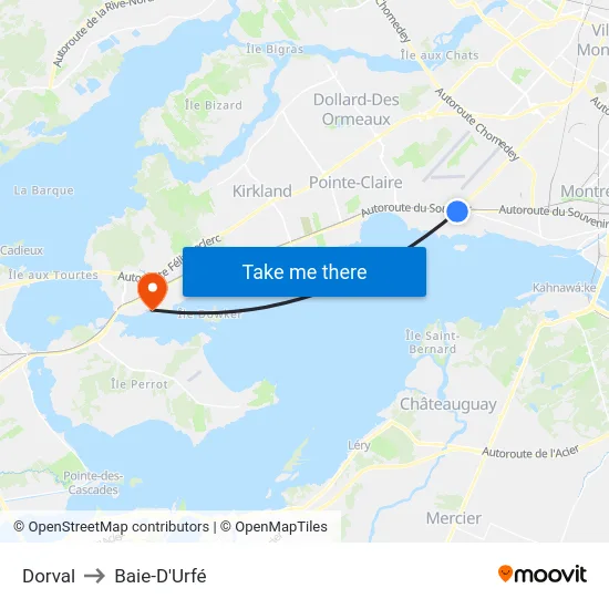 Dorval to Baie-D'Urfé map