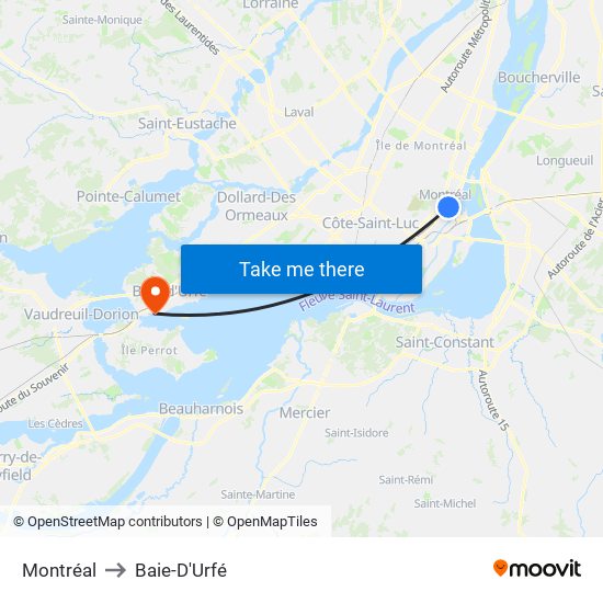 Montréal to Baie-D'Urfé map