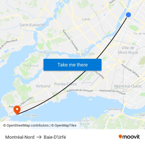 Montréal-Nord to Baie-D'Urfé map