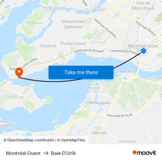 Montréal-Ouest to Baie-D'Urfé map