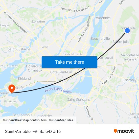 Saint-Amable to Baie-D'Urfé map