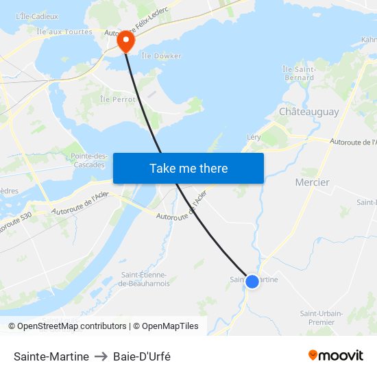 Sainte-Martine to Baie-D'Urfé map