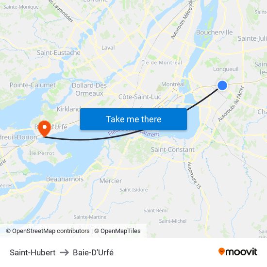 Saint-Hubert to Baie-D'Urfé map