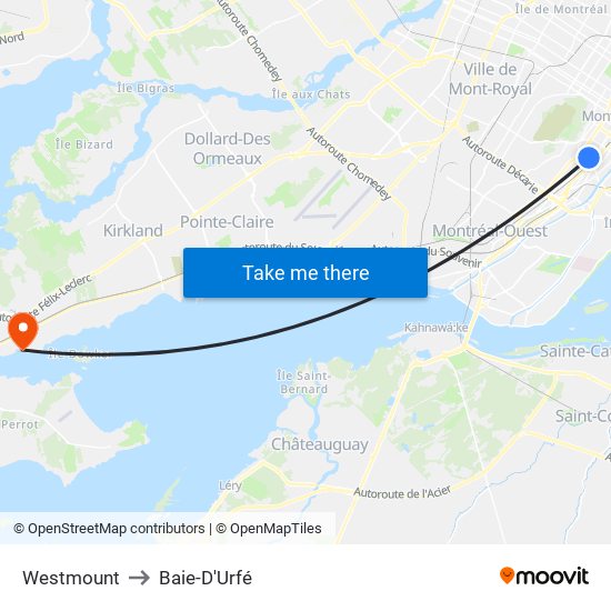 Westmount to Baie-D'Urfé map