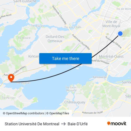 Station Université De Montreal to Baie-D'Urfé map
