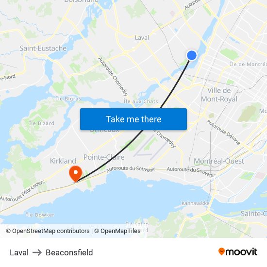 Laval to Beaconsfield map