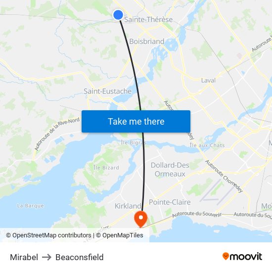 Mirabel to Beaconsfield map