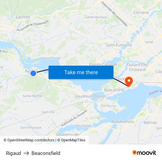 Rigaud to Beaconsfield map