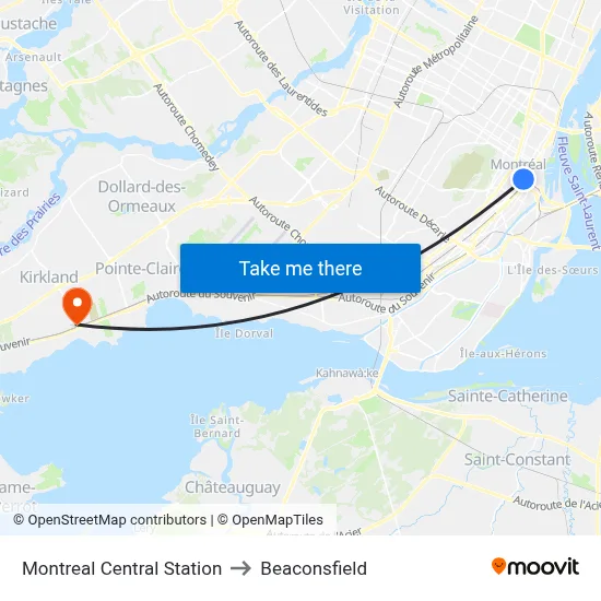 Montreal Central Station to Beaconsfield map