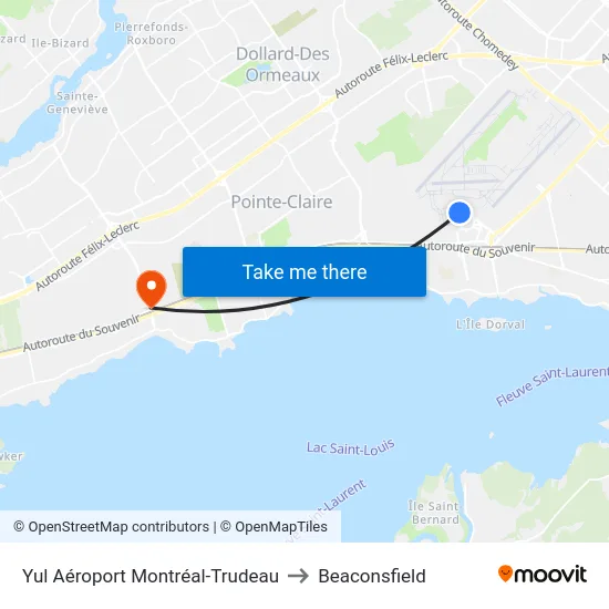 Yul Aéroport Montréal-Trudeau to Beaconsfield map