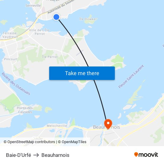 Baie-D'Urfé to Beauharnois map