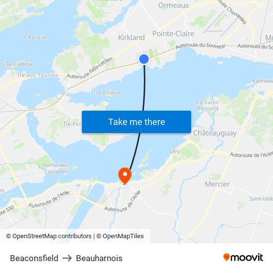 Beaconsfield to Beauharnois map