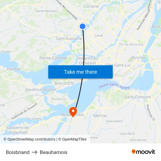 Boisbriand to Beauharnois map