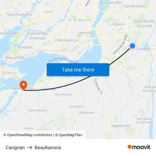 Carignan to Beauharnois map