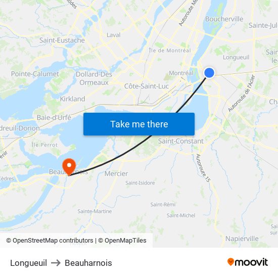 Longueuil to Beauharnois map