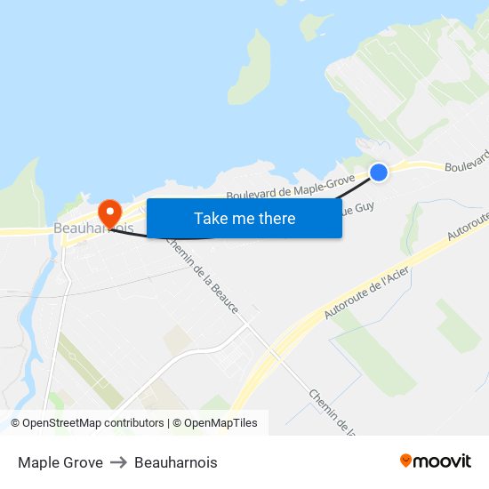 Maple Grove to Beauharnois map