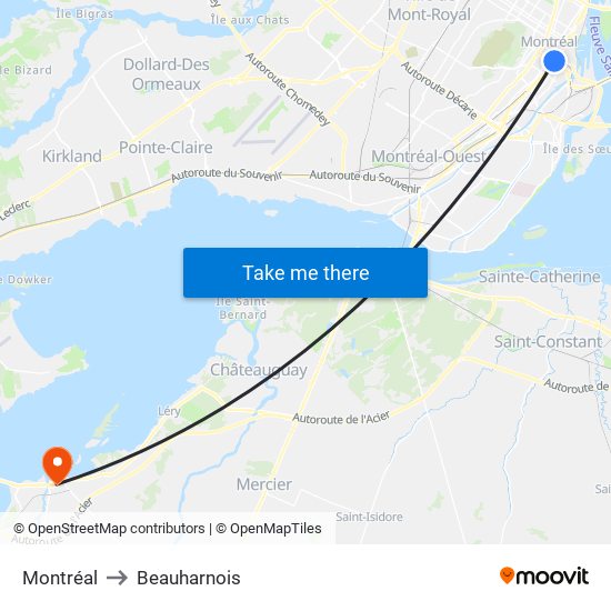 Montréal to Beauharnois map