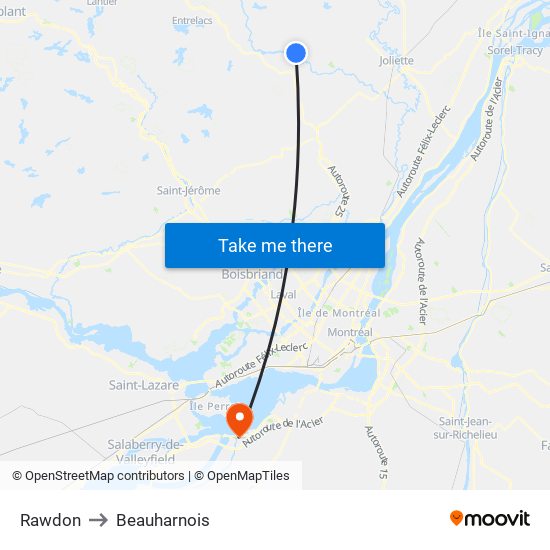 Rawdon to Beauharnois map