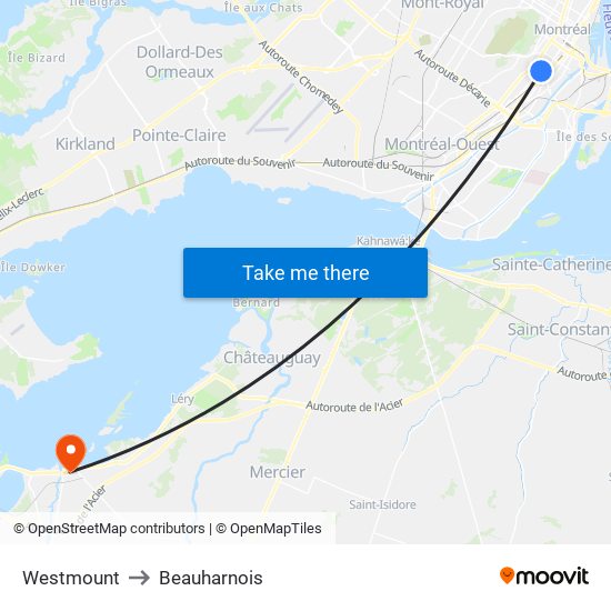 Westmount to Beauharnois map
