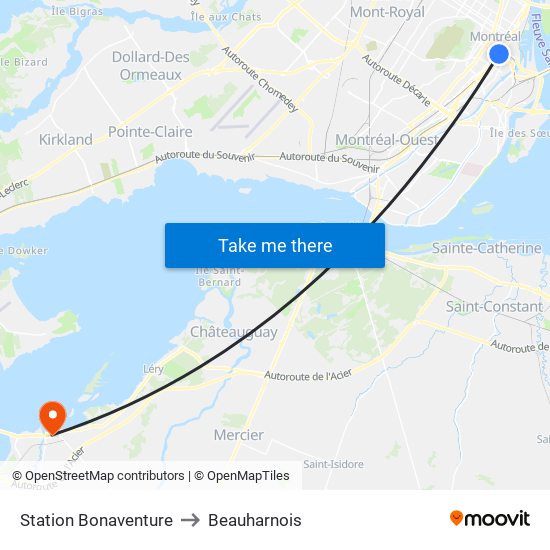 Station Bonaventure to Beauharnois map