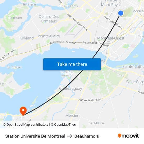 Station Université De Montreal to Beauharnois map