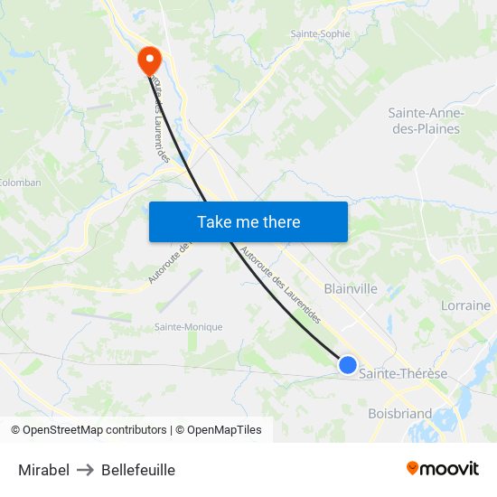 Mirabel to Bellefeuille map