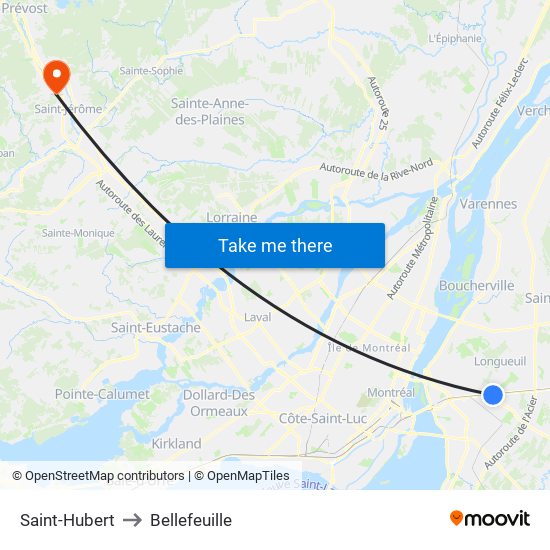 Saint-Hubert to Bellefeuille map