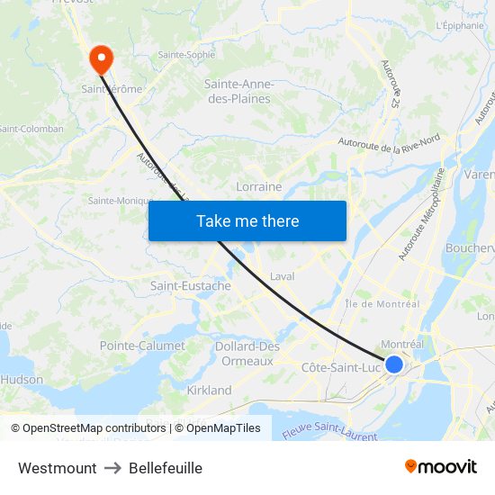 Westmount to Bellefeuille map