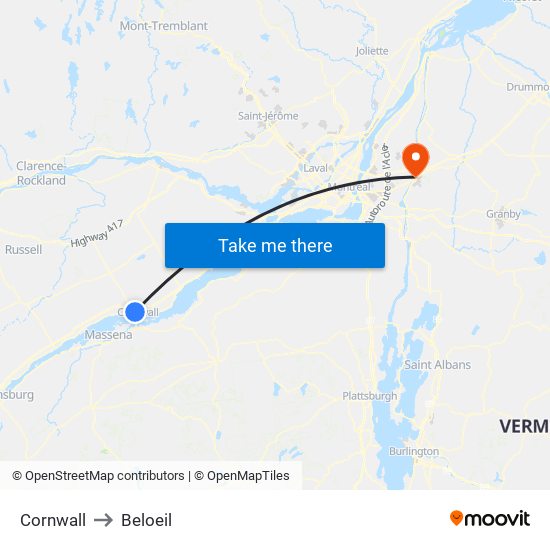 Cornwall to Beloeil map