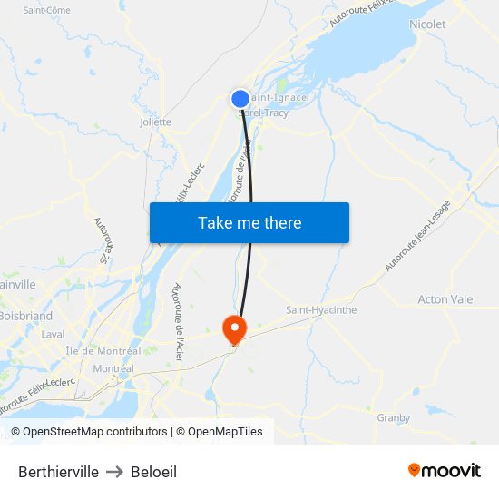 Berthierville to Beloeil map