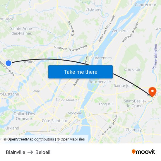 Blainville to Beloeil map