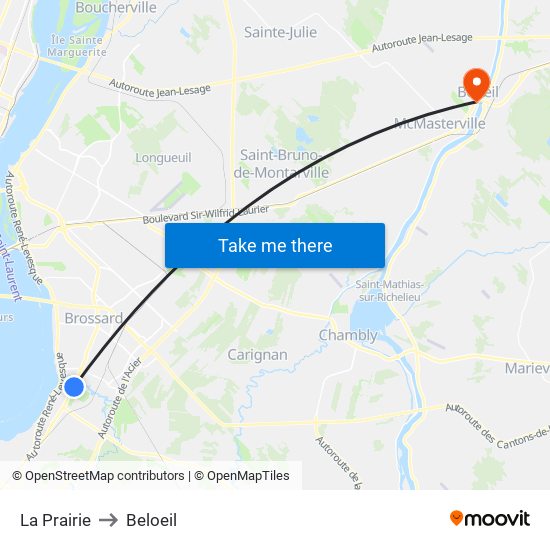 La Prairie to Beloeil map