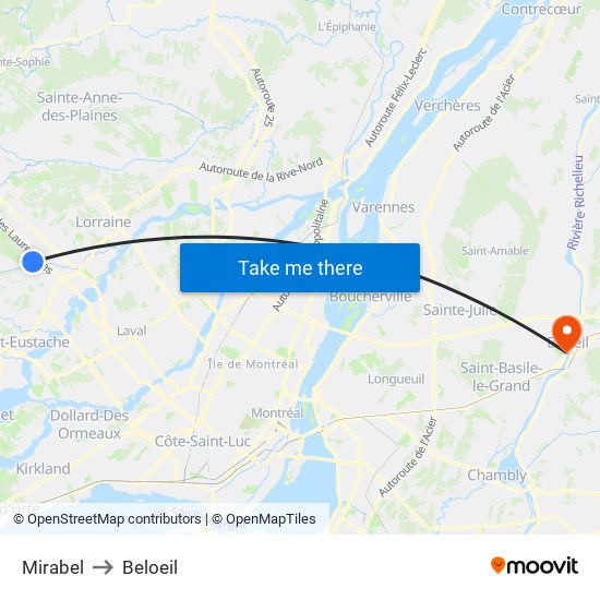 Mirabel to Beloeil map