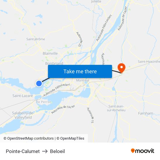 Pointe-Calumet to Beloeil map