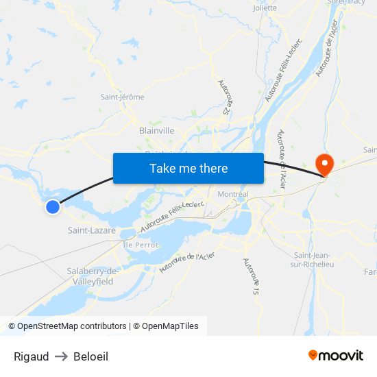 Rigaud to Beloeil map