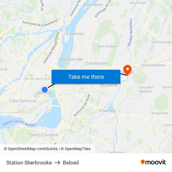 Station Sherbrooke to Beloeil map