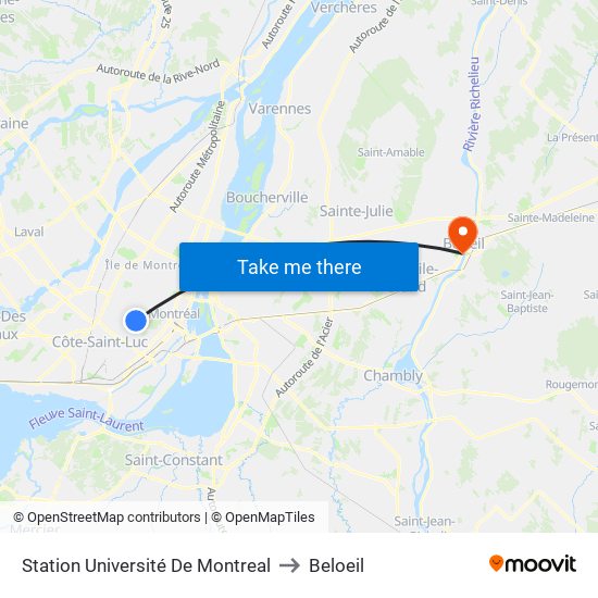 Station Université De Montreal to Beloeil map